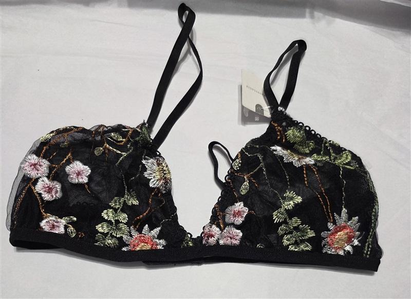 NWT Anthropologie S Black Floral Embroidery Lace Sheer Bralette 130023