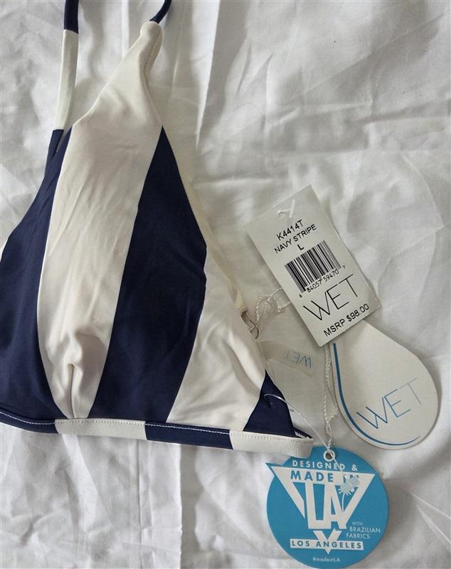 NWT Wet LA L Navy Blue Stripe Bikini Swim Top 130029
