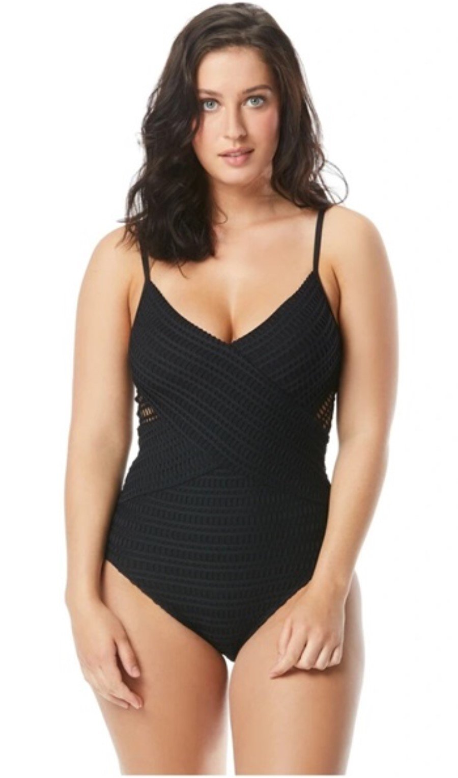 NWT Contours Coco Reef 14 38C Black Crochet Sterling V-Neck 1PC Swimsuit 130046