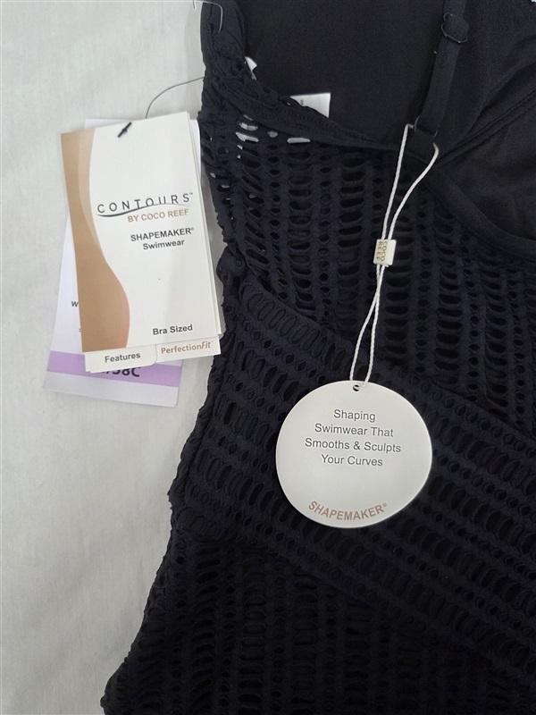 NWT Contours Coco Reef 14 38C Black Crochet Sterling V-Neck 1PC Swimsuit 130046