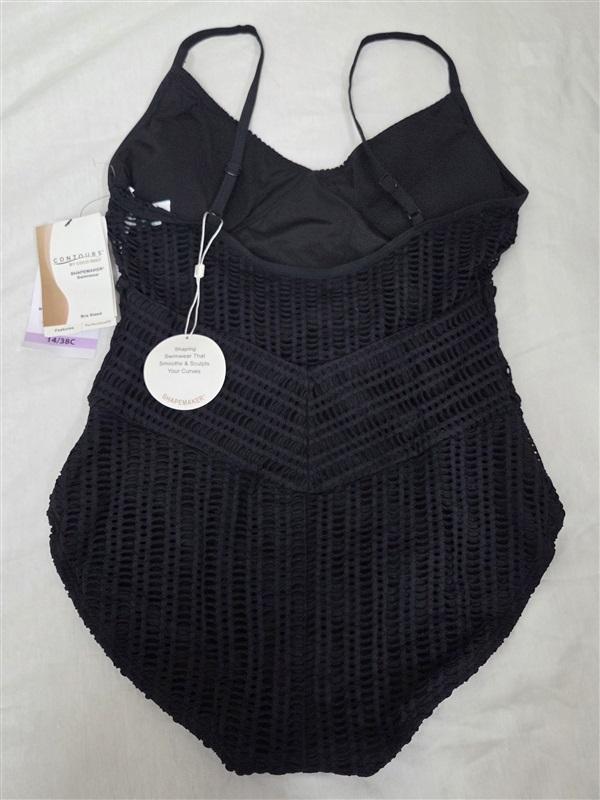 NWT Contours Coco Reef 14 38C Black Crochet Sterling V-Neck 1PC Swimsuit 130046