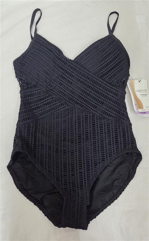 NWT Contours Coco Reef 14 38C Black Crochet Sterling V-Neck 1PC Swimsuit 130046