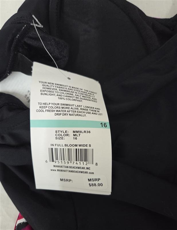 NWT Maxine Of Hollywood 16 In Full Bloom Wide Strap Sarong 1PC Swimsuit 130047