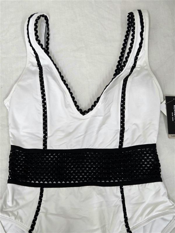 NWT Kenneth Cole M Black White Color Block Crochet 1pc Swimsuit 130053
