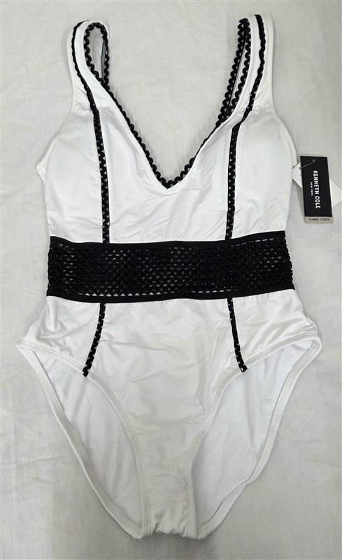 NWT Kenneth Cole M Black White Color Block Crochet 1pc Swimsuit 130053