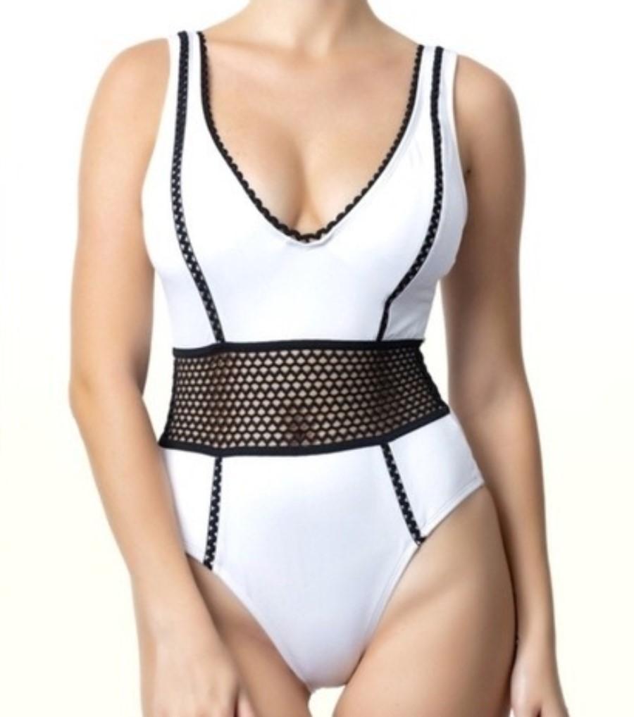 NWT Kenneth Cole M Black White Color Block Crochet 1pc Swimsuit 130053