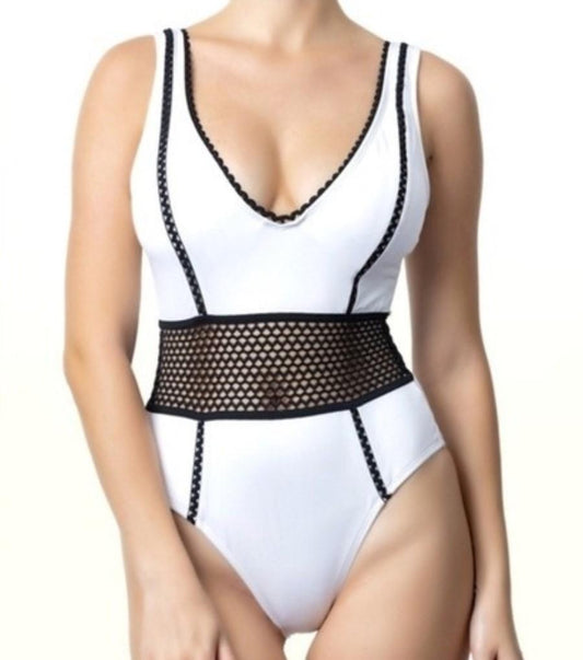 NWT Kenneth Cole M Black White Color Block Crochet 1pc Swimsuit 130053