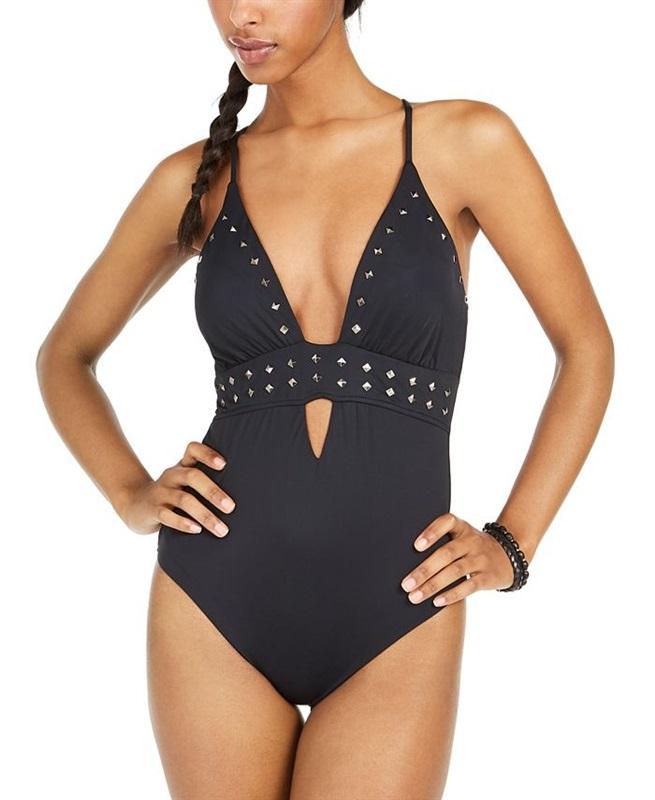 NWPT Bar III S Deep V Silver Stud Tummy Control Halter 1PC Swimsuit Black 130061