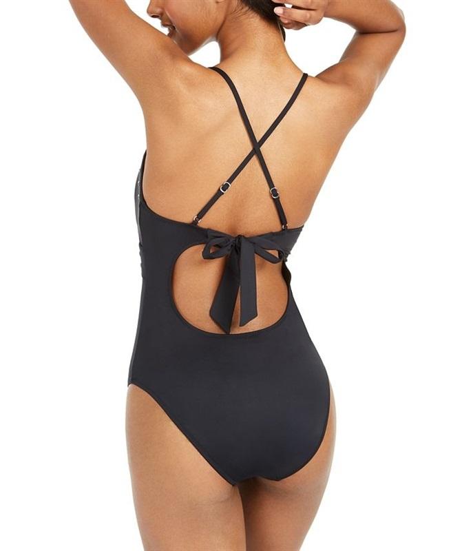 NWPT Bar III S Deep V Silver Stud Tummy Control Halter 1PC Swimsuit Black 130061