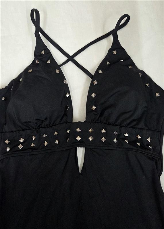 NWPT Bar III S Deep V Silver Stud Tummy Control Halter 1PC Swimsuit Black 130061