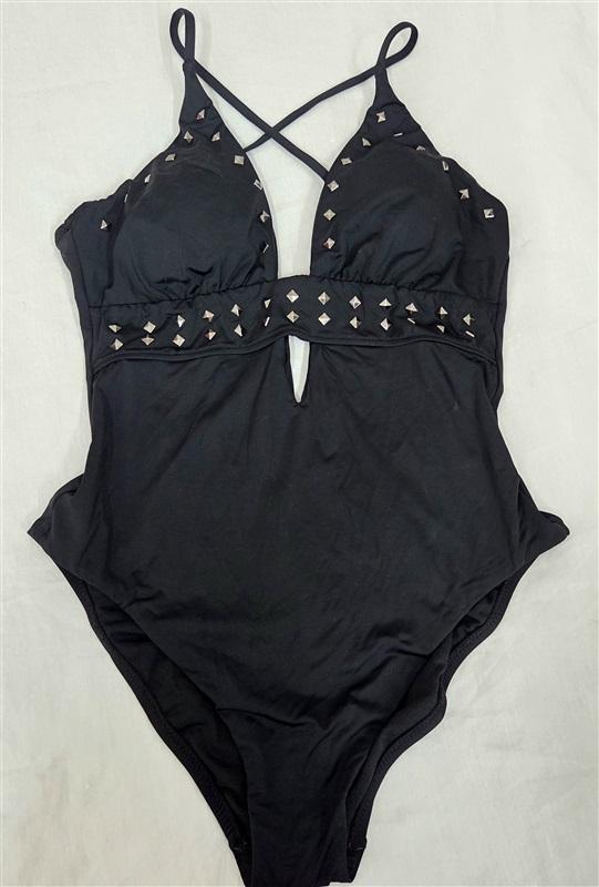 NWPT Bar III S Deep V Silver Stud Tummy Control Halter 1PC Swimsuit Black 130061