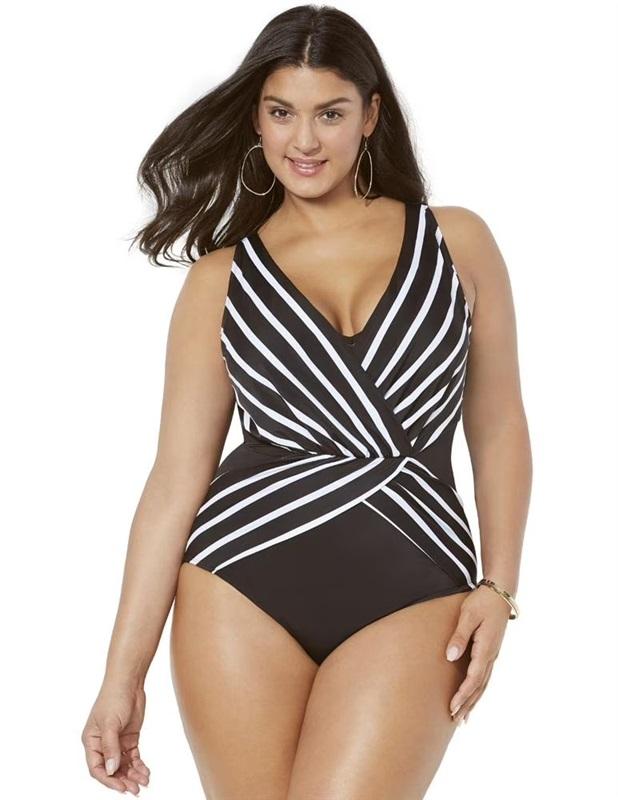 NWT Swimsuits For All 14 Surplice Slimming 1PC Black & White 130064
