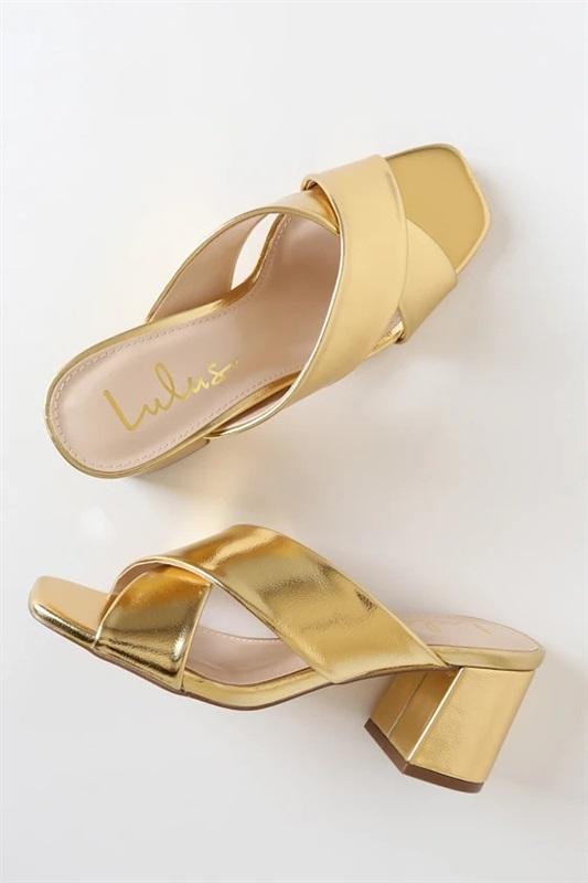 NWT Lulus 7.5 Ybarra Gold Chunky Heel Slides Sandals 130066