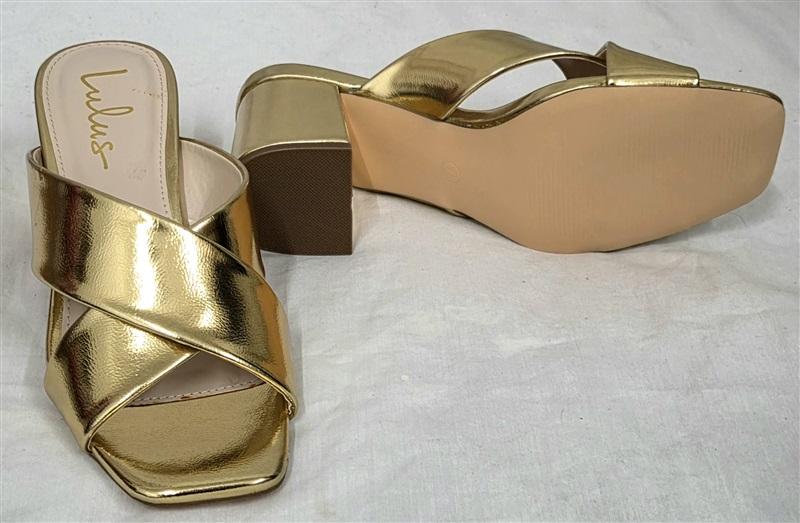 NWT Lulus 7.5 Ybarra Gold Chunky Heel Slides Sandals 130066
