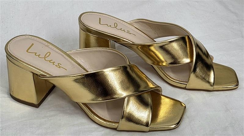 NWT Lulus 7.5 Ybarra Gold Chunky Heel Slides Sandals 130066