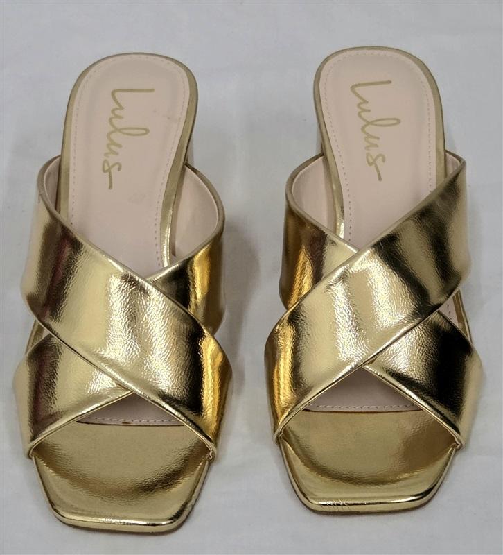 NWT Lulus 7.5 Ybarra Gold Chunky Heel Slides Sandals 130066