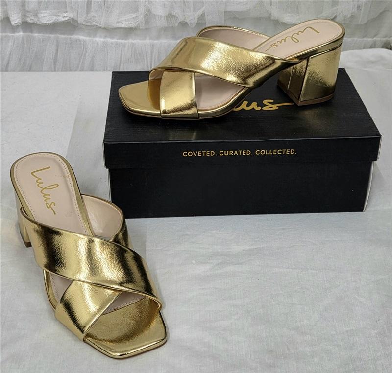 NWT Lulus 7.5 Ybarra Gold Chunky Heel Slides Sandals 130066