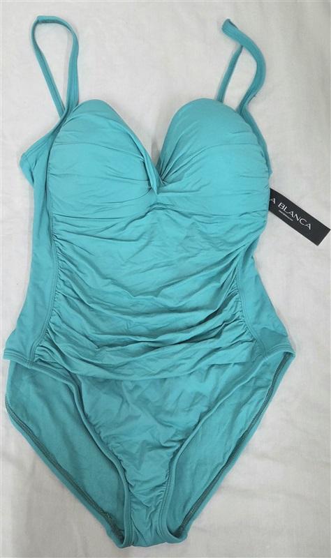 NWT La Blanca 16 Island Goddess V Neck Twist Front 1Pc Swimsuit Mint 130070