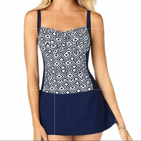 NWOT Swim Solutions 8 1PC Double Diamond Skater Swim dress Blue Silver 130079