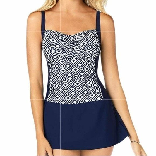 NWOT Swim Solutions 8 1PC Double Diamond Skater Swim dress Blue Silver 130079