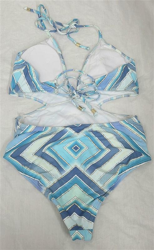 NWOT Bar III M Chevron Stripe Blue White Gold Monokini 1PC Swimsuit 130081