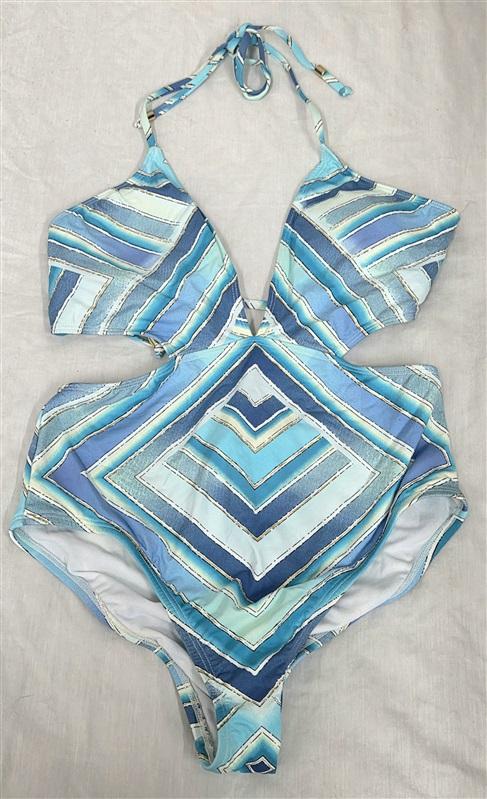NWOT Bar III M Chevron Stripe Blue White Gold Monokini 1PC Swimsuit 130081