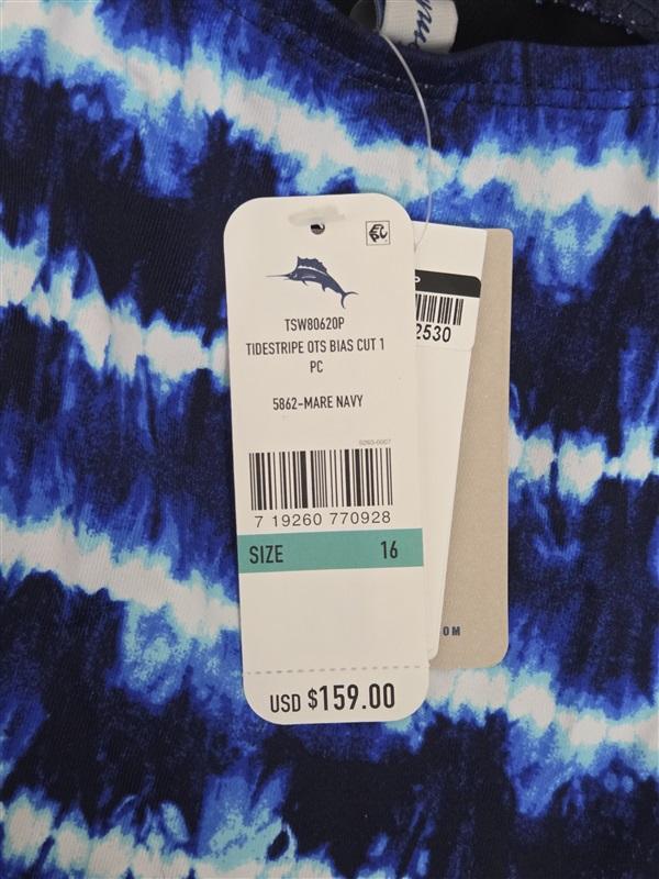 NWT Tommy Bahama 16 Pearl Tidestripe Bias Cut 1PC Swimsuit Navy 130084