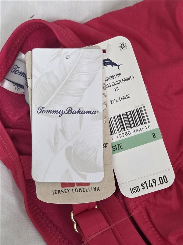 NWT Tommy Bahama 6 Pearl Over Shoulder Cross Front 1PC Swimsuit Red 130085