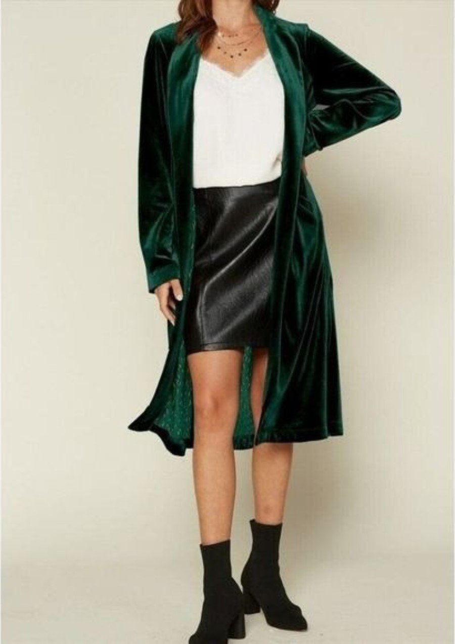NWT Skies Are Blue XS Green Velvet Open Front Long Duster 130119