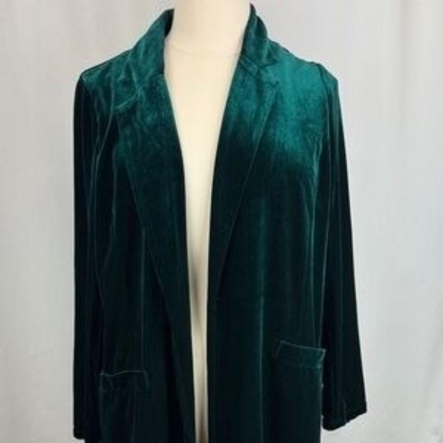 NWT Skies Are Blue XS Green Velvet Open Front Long Duster 130119
