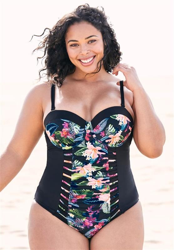 NWT Swimsuits For All 14 Ruched Underwire 1PC Swimsuit Floral Black 130226