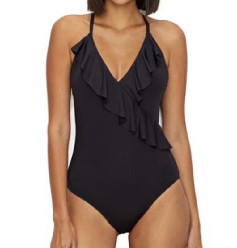 NWT Kenneth Cole M Ruffle Cross Over Neck 1PC Black Swimsuit 130228