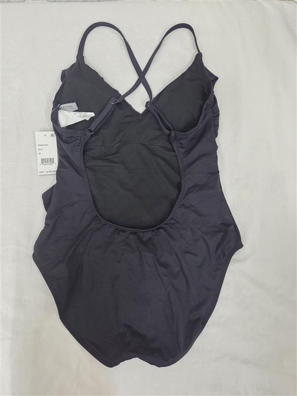 NWT Kenneth Cole M Ruffle Cross Over Neck 1PC Black Swimsuit 130228