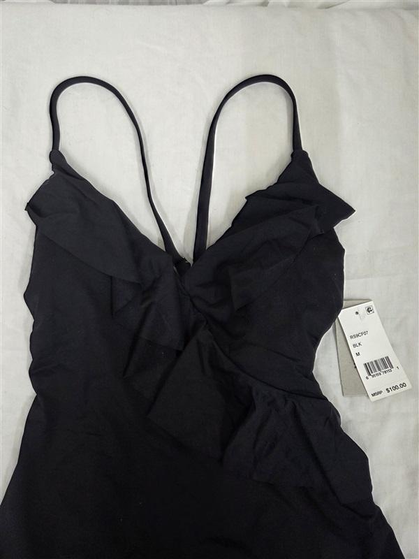 NWT Kenneth Cole M Ruffle Cross Over Neck 1PC Black Swimsuit 130228