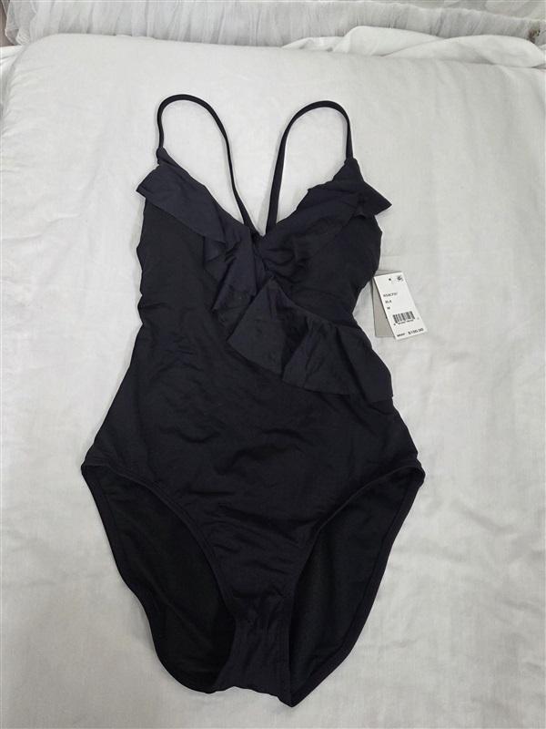 NWT Kenneth Cole M Ruffle Cross Over Neck 1PC Black Swimsuit 130228
