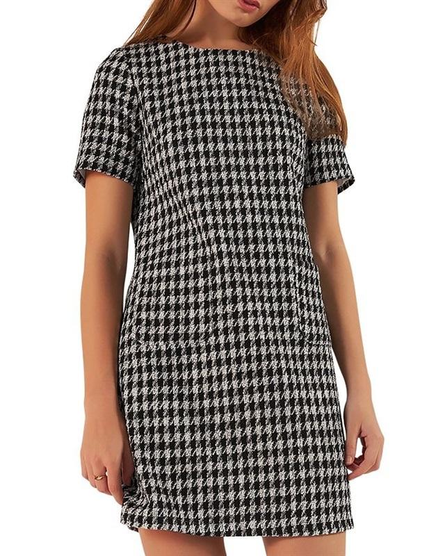 NWT Gracia L Short Sleeve Houndstooth Tweed Mini Dress 130230