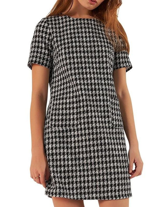 NWT Gracia L Short Sleeve Houndstooth Tweed Mini Dress 130230