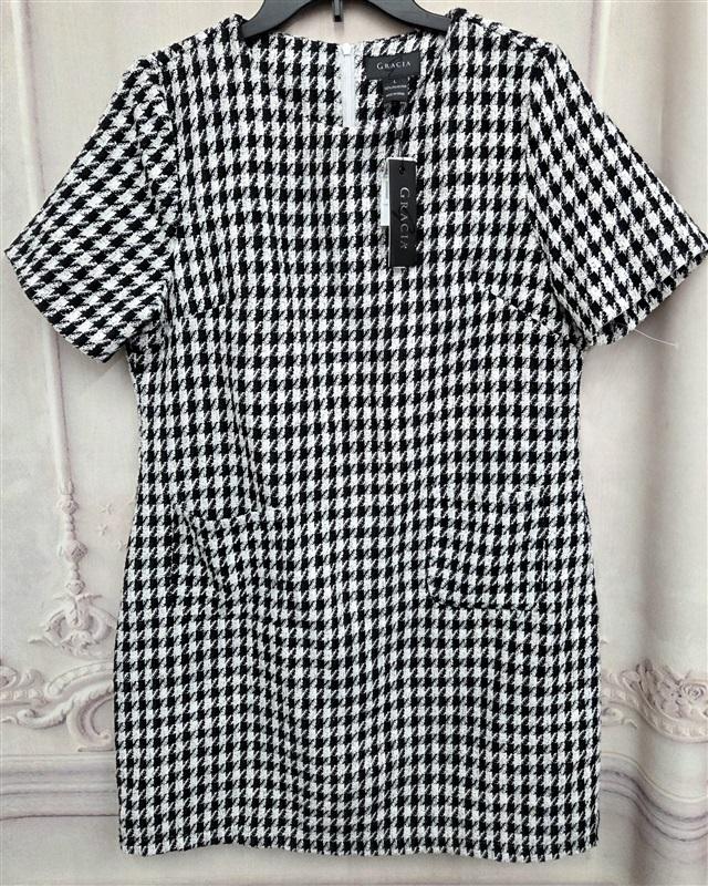 NWT Gracia L Short Sleeve Houndstooth Tweed Mini Dress 130230