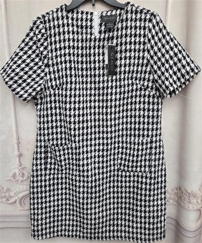 NWT Gracia L Short Sleeve Houndstooth Tweed Mini Dress 130230