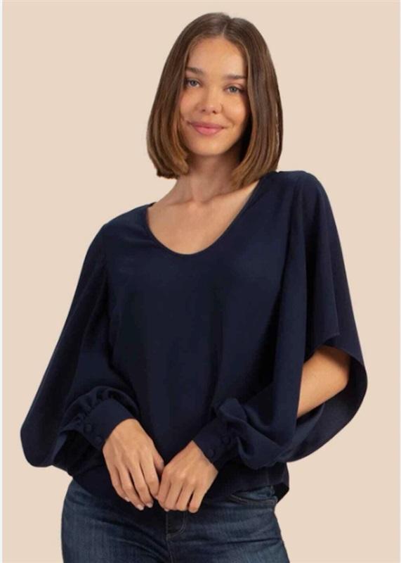 NWT Trina Turk XS Scoop Neck Rejoice Drape Sleeve Blouse Top Blue 130235