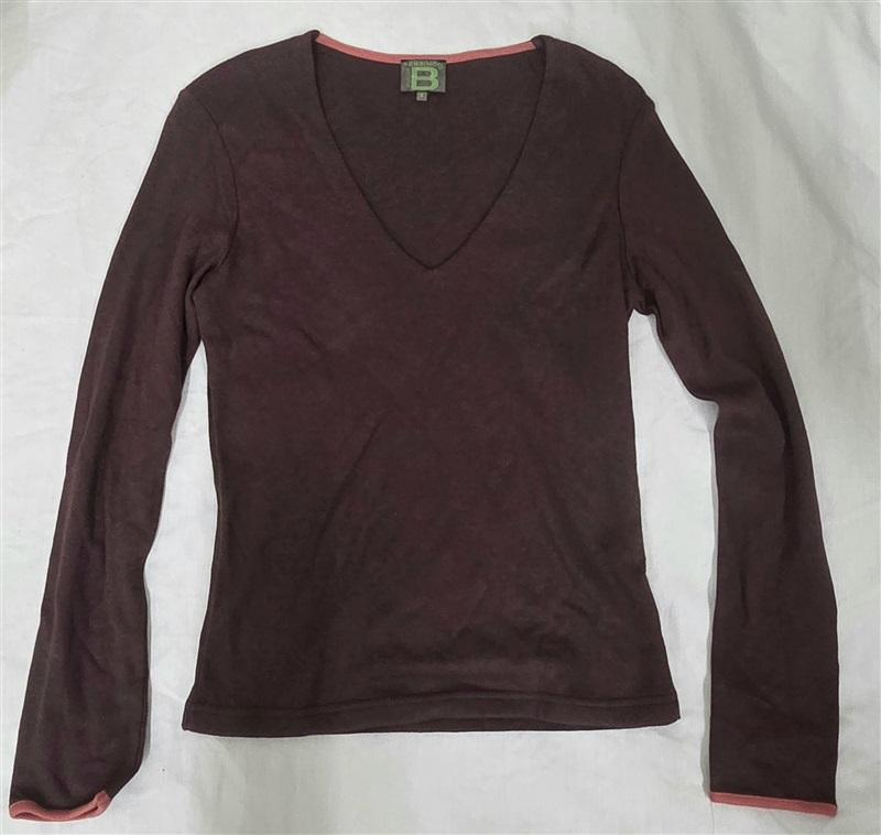 NWOT BenSimmon V Neck Long Sleeve Cotton T Shirt Brown Pink 130246