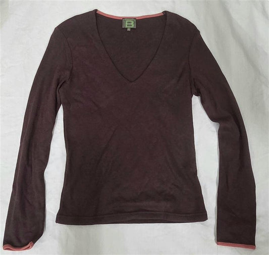 NWOT BenSimmon V Neck Long Sleeve Cotton T Shirt Brown Pink 130246