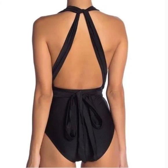 NWOT Nicole Miller Large 6 Way Convertible Deep V Swimsuit Black 130247