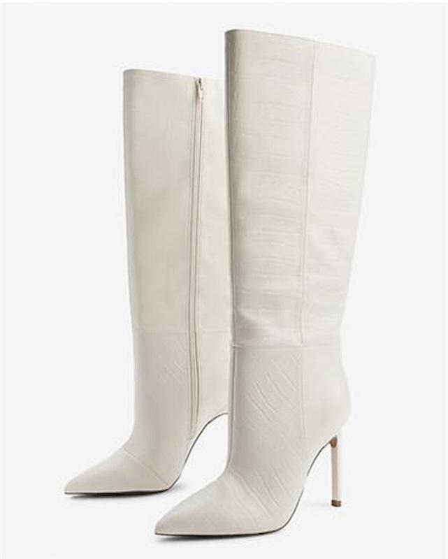 NWOTD Express 9 Knee High Stiletto's Heel Faux Crocodile Ivory Boots 125720