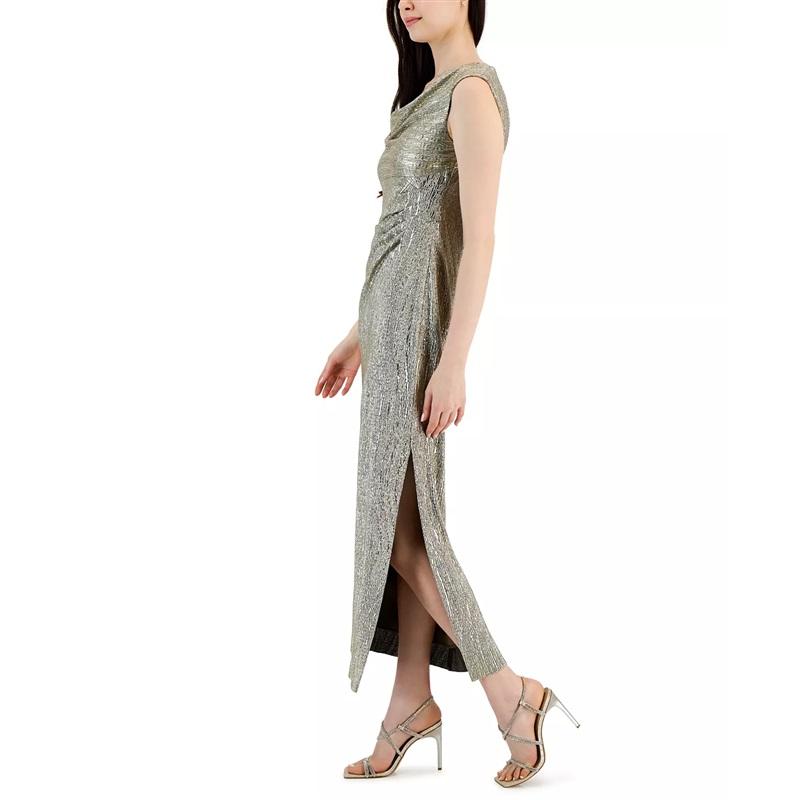 NWT Connected Apparel 16 Cowl Neck Gold Evening Gown Midi Dress 130262