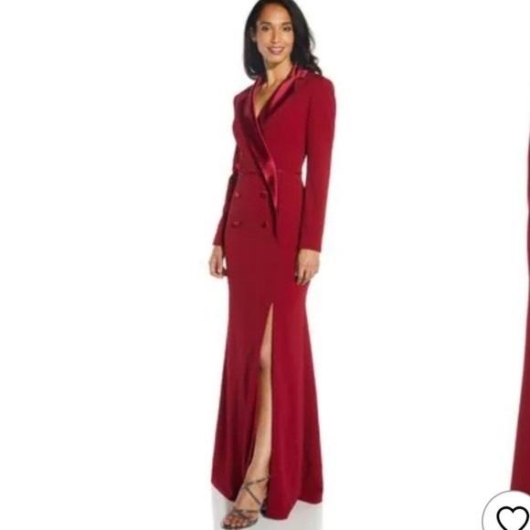 NWT Adrianna Papell 2 Red Crepe Tuxedo Evening Gown Long Double Breasted 130265