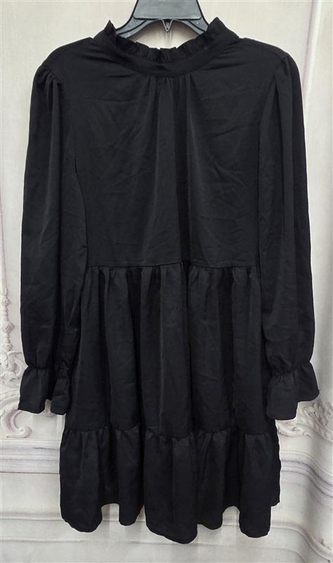 NWOT Ruffle Tier Coquette Baby Doll Bow Tie Front Mini Dress Tunic Black 130266