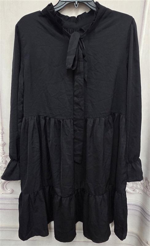 NWOT Ruffle Tier Coquette Baby Doll Bow Tie Front Mini Dress Tunic Black 130266