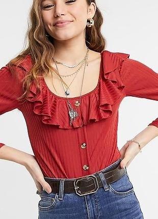 NWOT Lottie & Holly M Ruffled Scoop Neck Bodysuit Burnt Orange Ribbed 130267