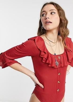 NWOT Lottie & Holly M Ruffled Scoop Neck Bodysuit Burnt Orange Ribbed 130267
